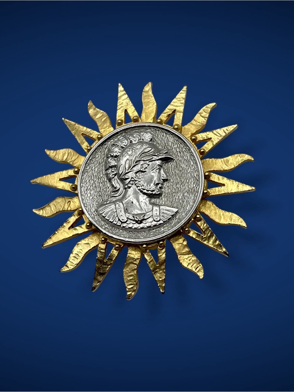 Vintage Two Tone Gold & Silver Celestial Sun Faux Coin Statement Pendant Brooch